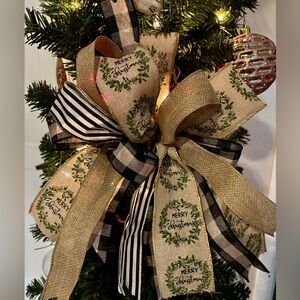 Christmas Bow Black White Beige Gold Neutral Plaid Holiday Decor Tree Topper